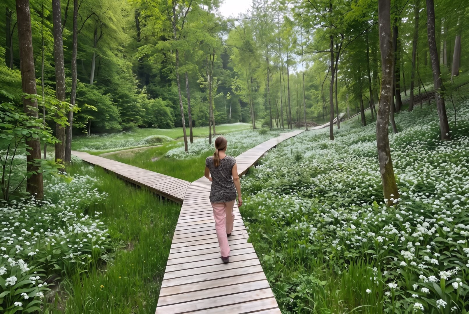 Frau auf Holzsteg durch grünen Wald vor Kreuzung - SelbstbewusstSein und Hypnosetherapie Winterthur für innere Ruhe und Klarheit
